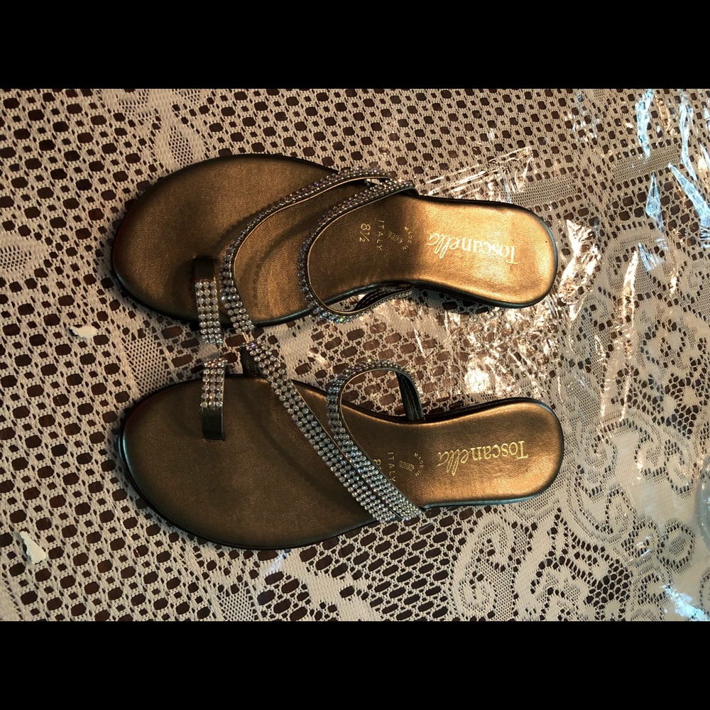 Toscanella gold/rhinestone flat sandals.